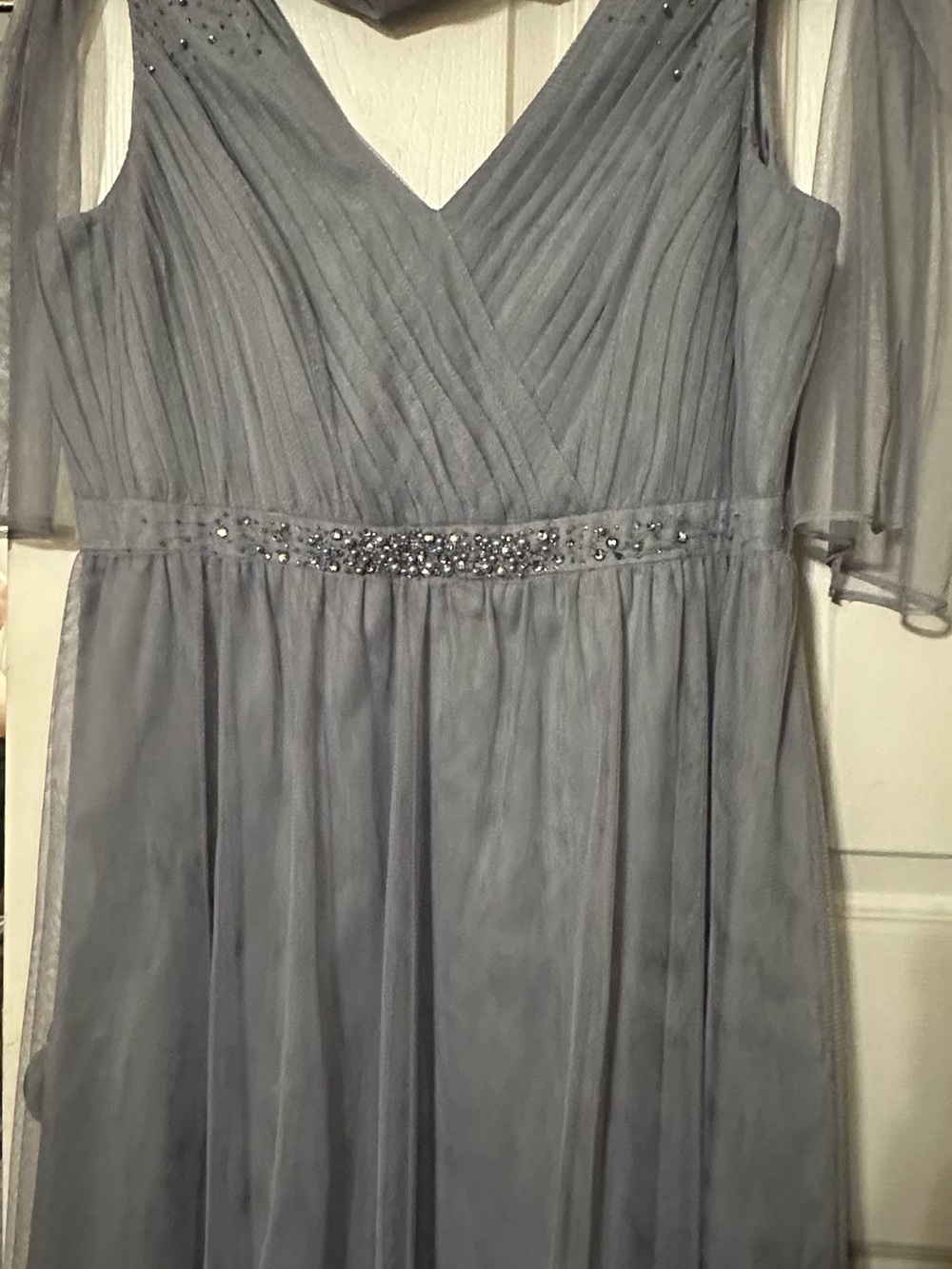 Adrianna Papell Silver-Gray Long Sleeve V-Neck Gown with Beaded Waist
